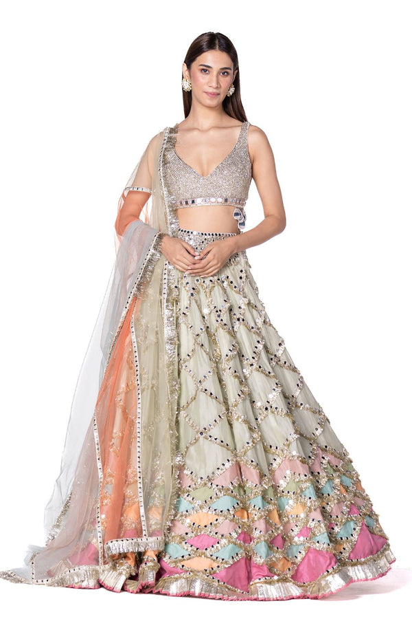 Hand Embroidered Blouse With Multicolour Patch Work Lehenga