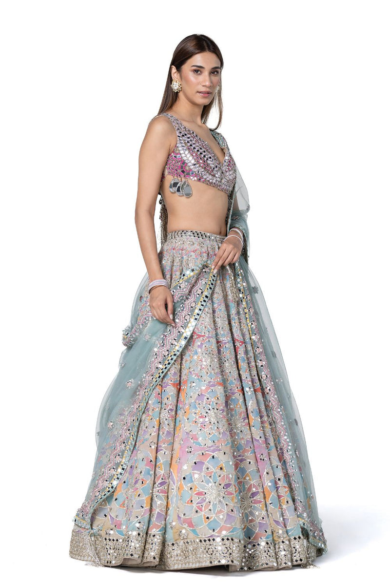 Hand Embroidered Blouse With Pastel Shade Printed Lehenga