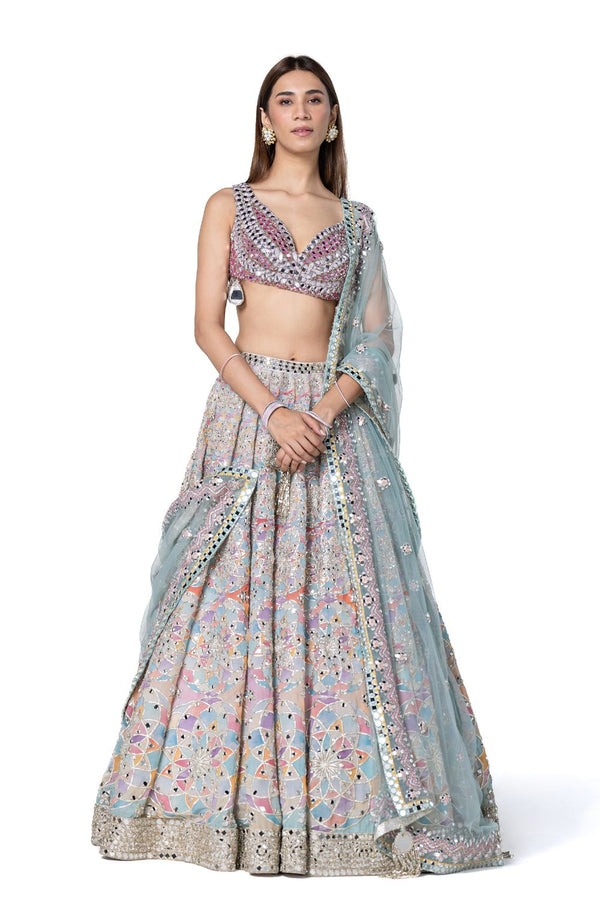 Hand Embroidered Blouse With Pastel Shade Printed Lehenga