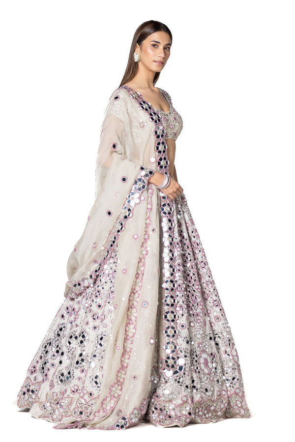 Lilac And Ivory Hand Embroidered Lehenga