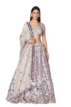 Lilac And Ivory Hand Embroidered Lehenga