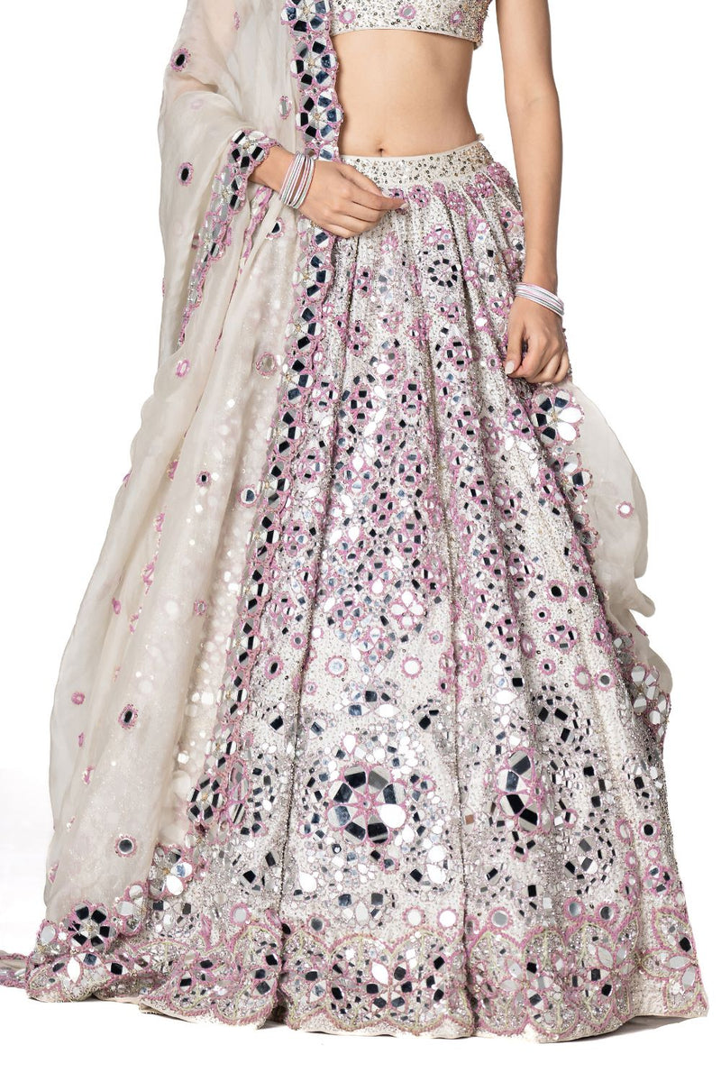 Lilac And Ivory Hand Embroidered Lehenga