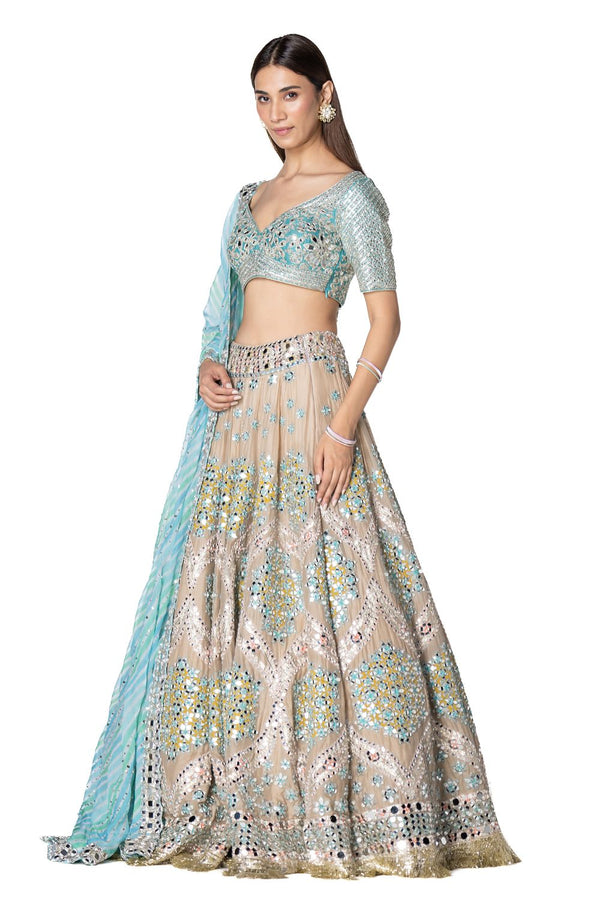 Evening Grey Geometric Pattern Lehenga With Chiffon Duppata