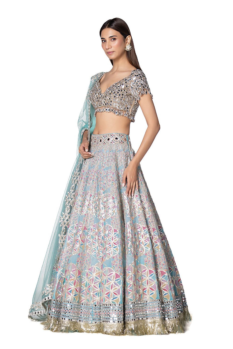 Geometric Pattern Printed Lehenga With Hand Embroidered Blouse