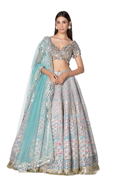 Geometric Pattern Printed Lehenga With Hand Embroidered Blouse