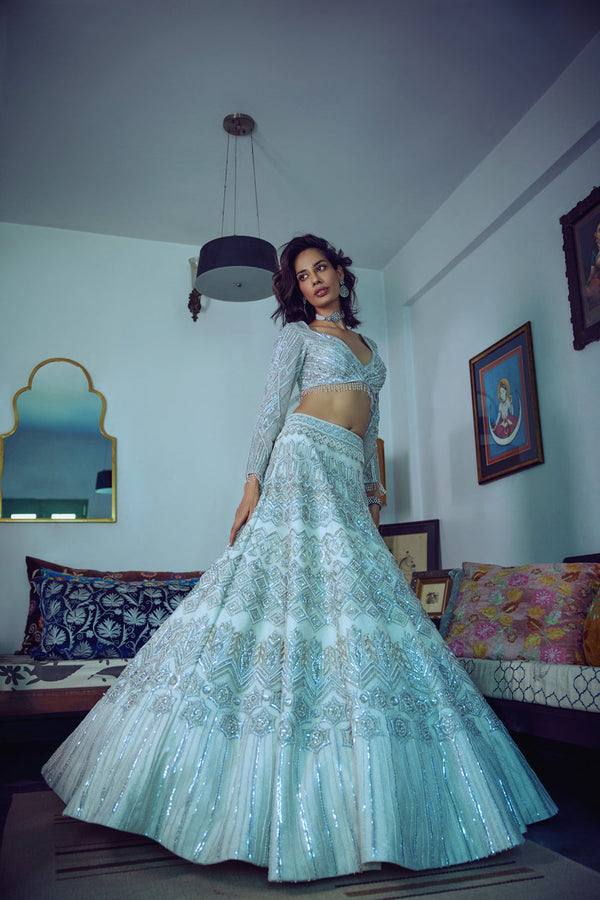 Bridal Statement Piece, Sea-Green, Lehenga, Hand Embroidery, Tulle And Satin Silk