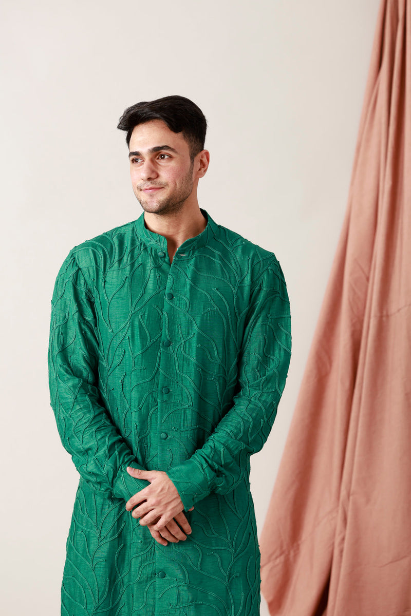 Raw Silk Embroidered Short Kurta Paired With Straight Pants