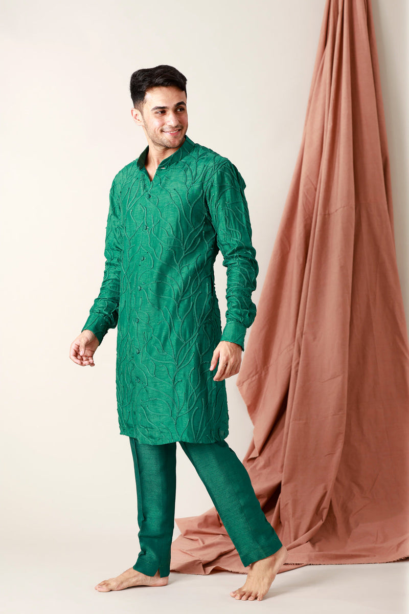 Raw Silk Embroidered Short Kurta Paired With Straight Pants