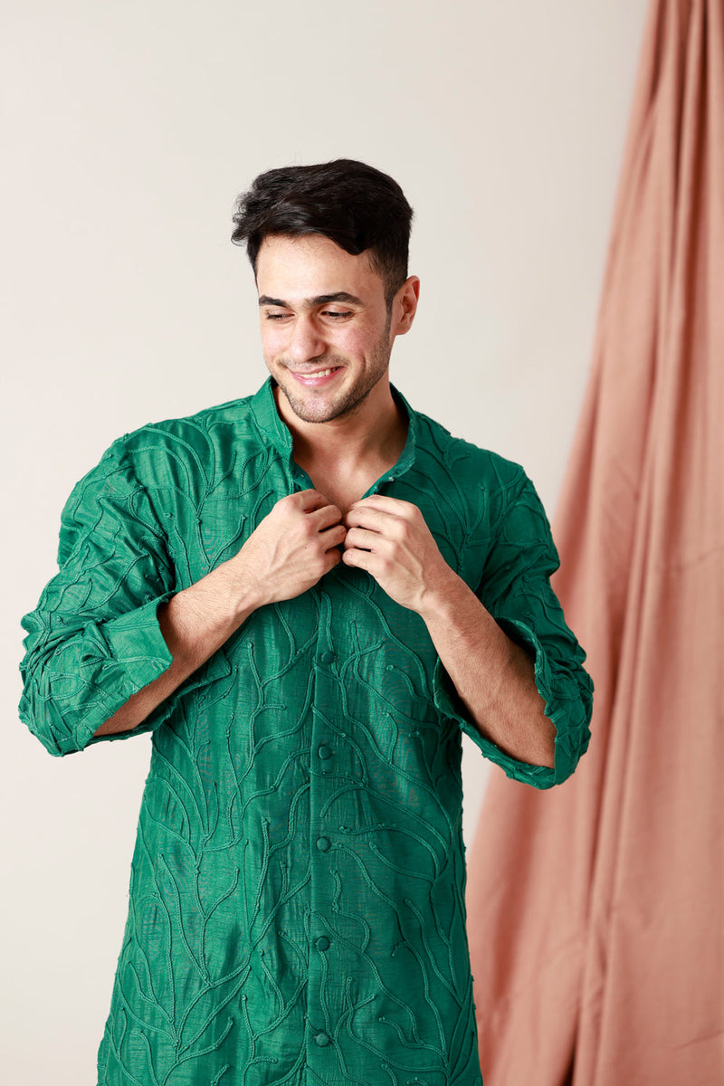 Raw Silk Embroidered Short Kurta Paired With Straight Pants