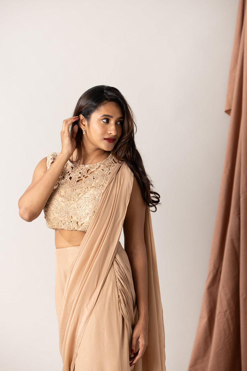 Crochet Hand Embellished Blouse With Crepe Silk Pleated Saree