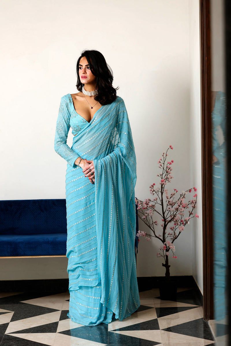 Blue Heavy Embroidered Saree With Embroidered Blouse