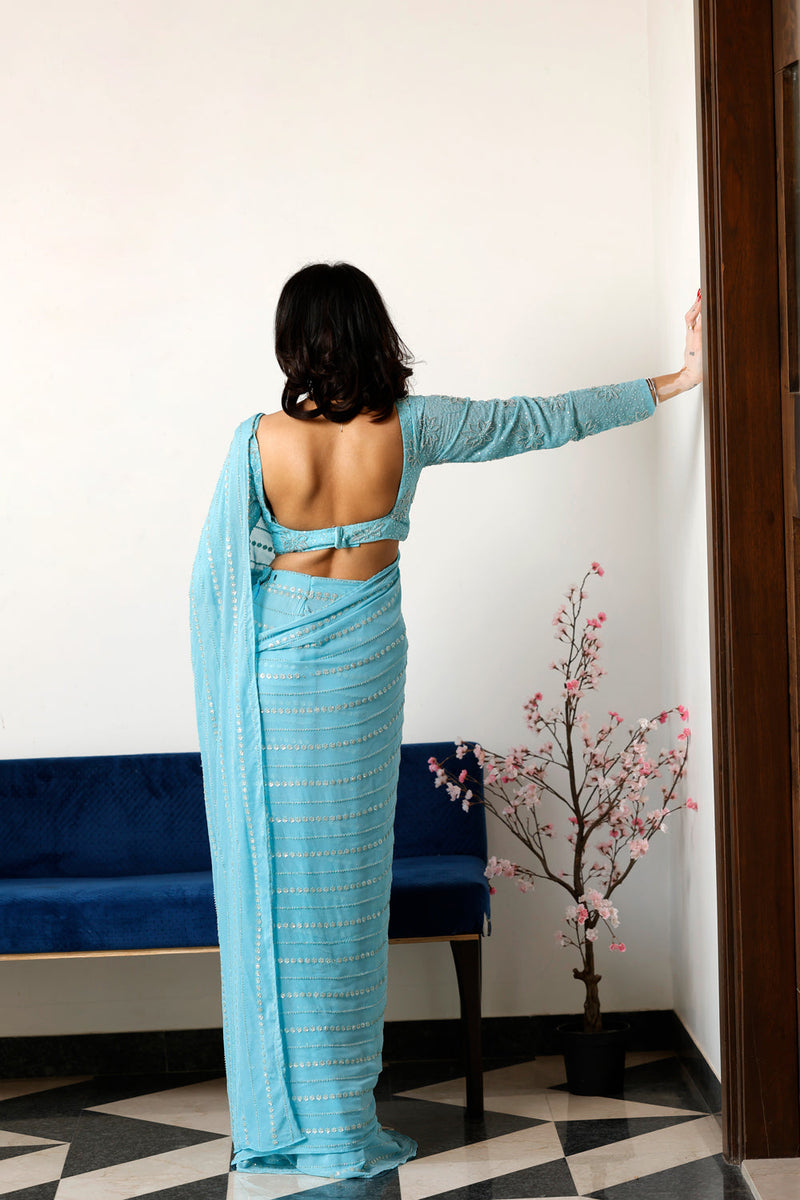 Blue Heavy Embroidered Saree With Embroidered Blouse