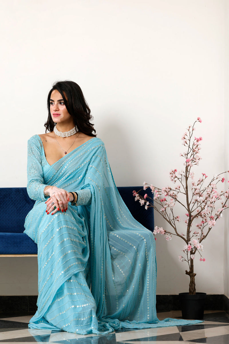 Blue Heavy Embroidered Saree With Embroidered Blouse
