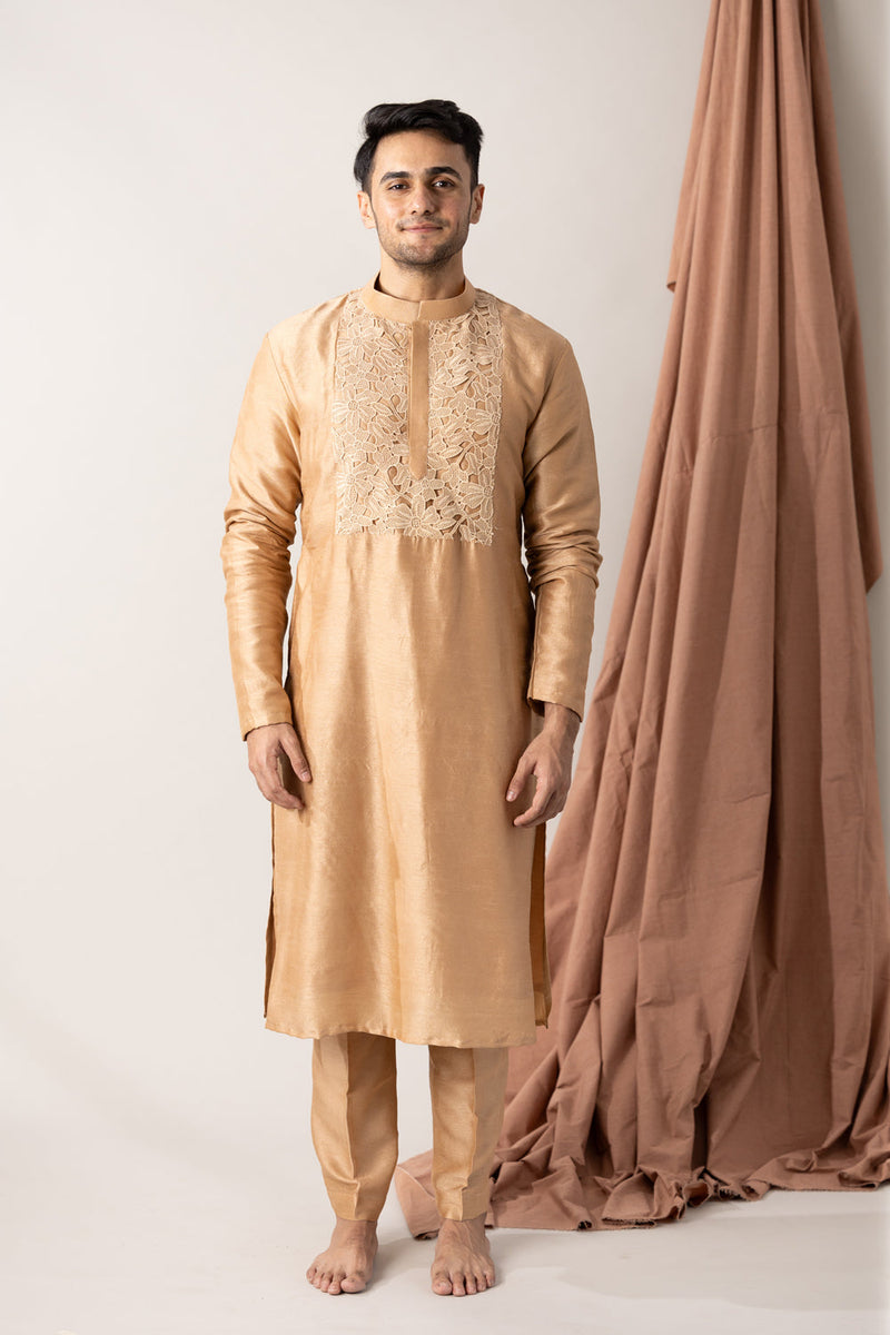 Silk Kurta And Pants With Highlighted Crochet Yoke Placket