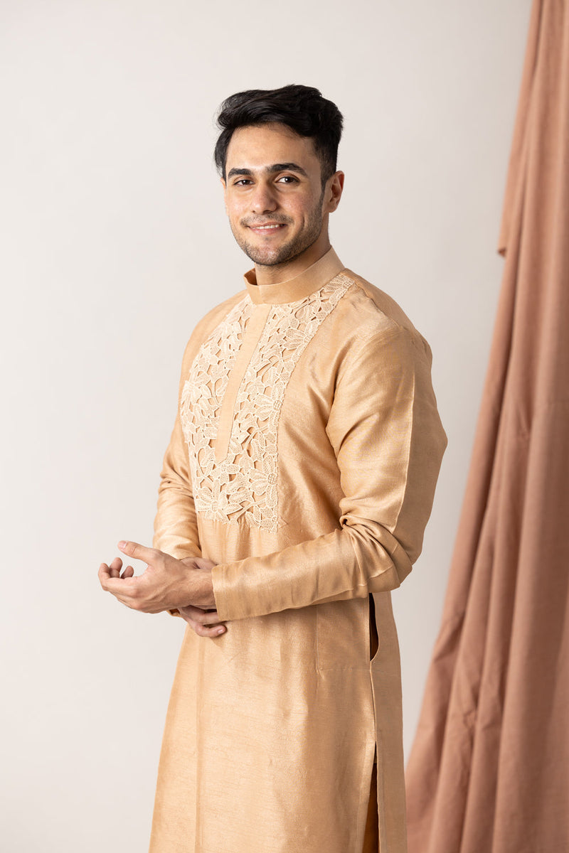 Silk Kurta And Pants With Highlighted Crochet Yoke Placket