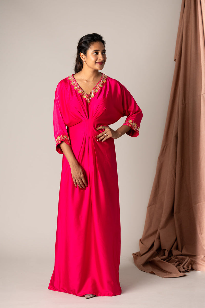 Armani Silk Satin Kaftan With Hand Embroiderdd Neck And Sleeve Ends