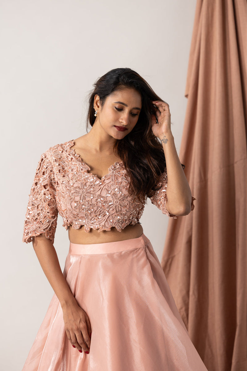 Crochet Hand Embroiderded Blouse With Shimmer Silk Organza Skirt