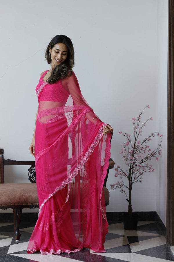 Rose Pink Soft Net Saree With Blouse