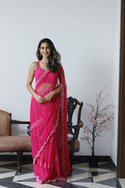 Rose Pink Soft Net Saree With Blouse