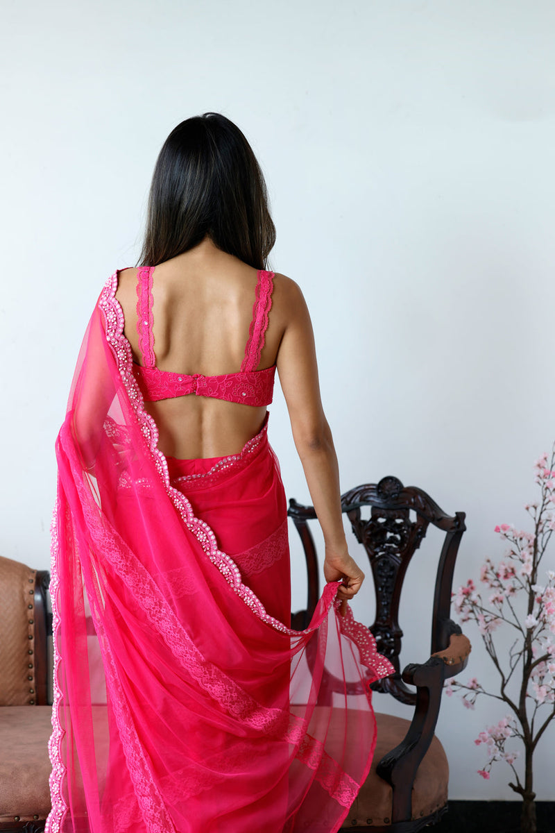 Rose Pink Soft Net Saree With Blouse