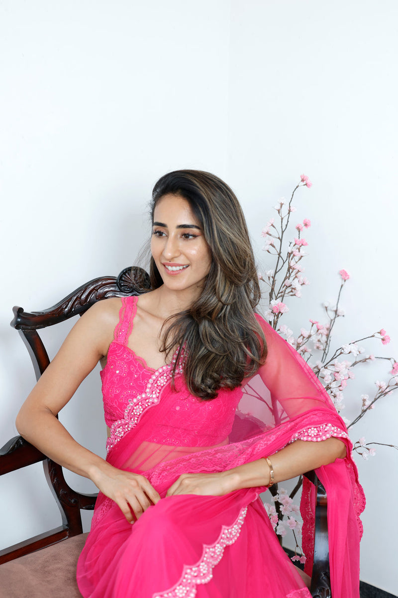 Rose Pink Soft Net Saree With Blouse