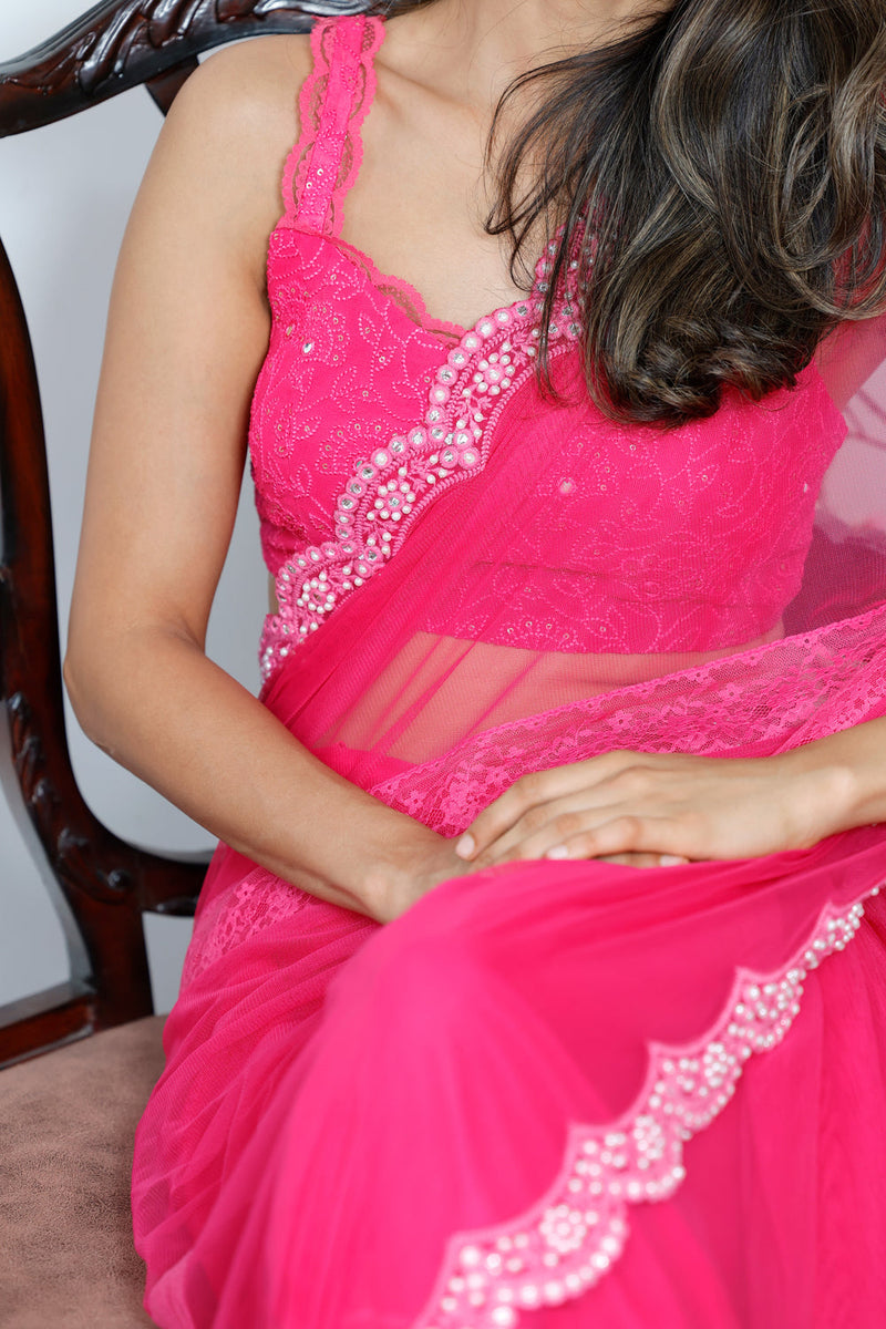 Rose Pink Soft Net Saree With Blouse