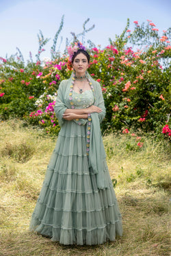 Organza Hand Embroidered Blouse With Layered Net Skirt And Hand Embroidered Chiffon Dupatta