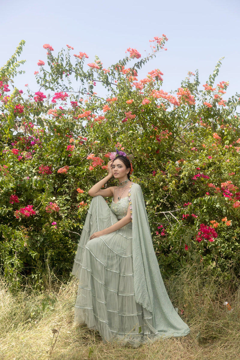 Organza Hand Embroidered Blouse With Layered Net Skirt And Hand Embroidered Chiffon Dupatta