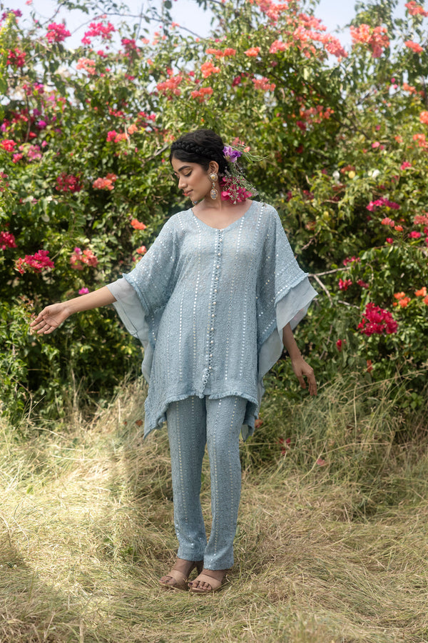 Mirrror And Thread Embroidery Kaftan Top With Staright Pants