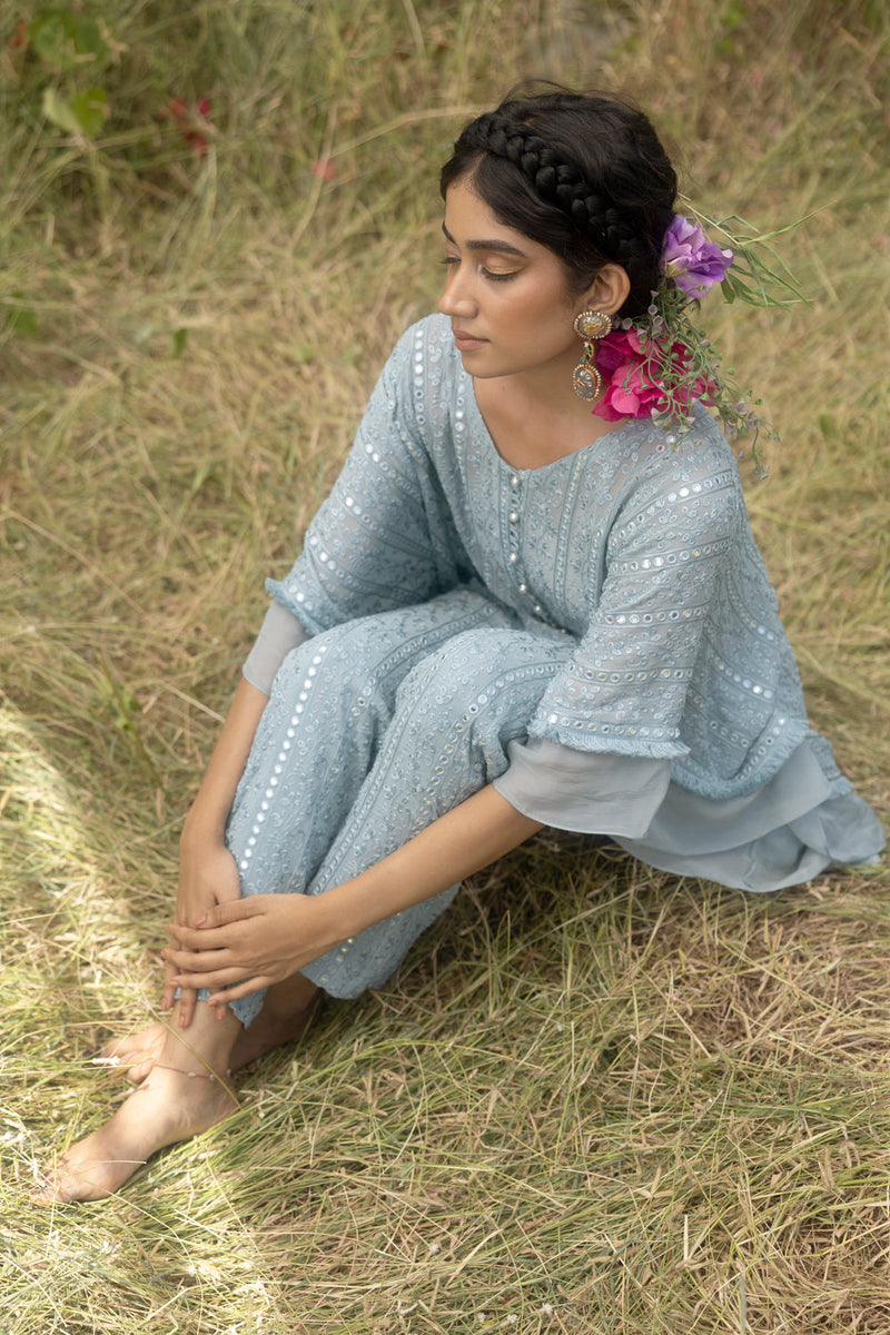 Mirrror And Thread Embroidery Kaftan Top With Staright Pants