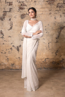 White Hand Embroidered Saree And Blouse