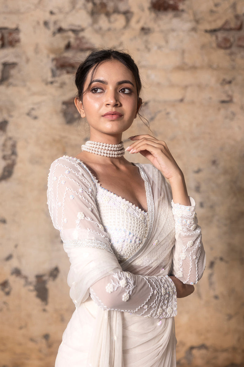 White Hand Embroidered Saree And Blouse