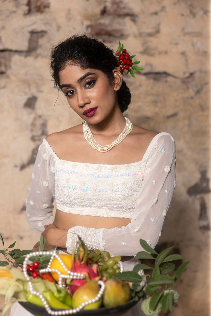 Pearl Hand Embroidered Blouse With Organza Skirt And Dupatta