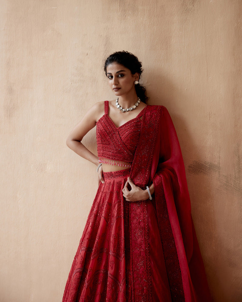 Red Organza Lehenga Set