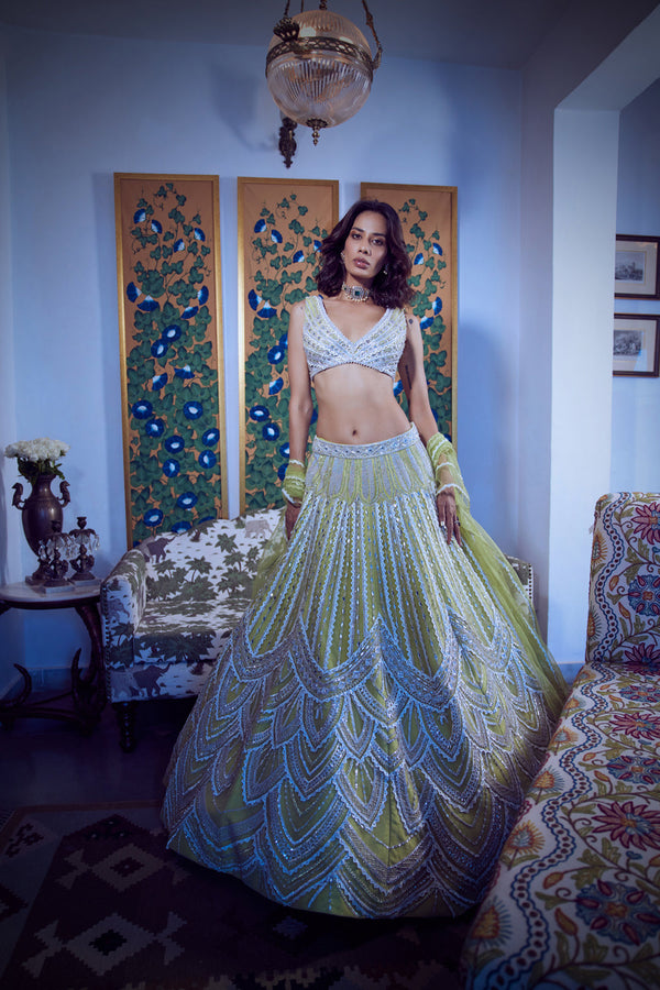 Reception Glam-Wear, Lime Green, Laser Cut Leather Applique Work, Hand Embroidery, Tulle, Lehenga