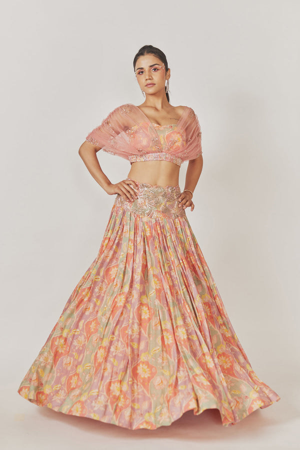 Roushed Net Crop Top, Muslin Silk Gathered Lehenga