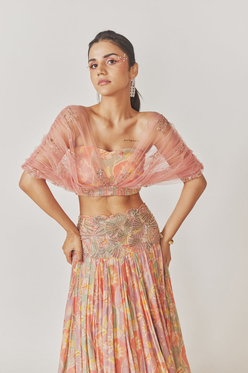 Roushed Net Crop Top, Muslin Silk Gathered Lehenga