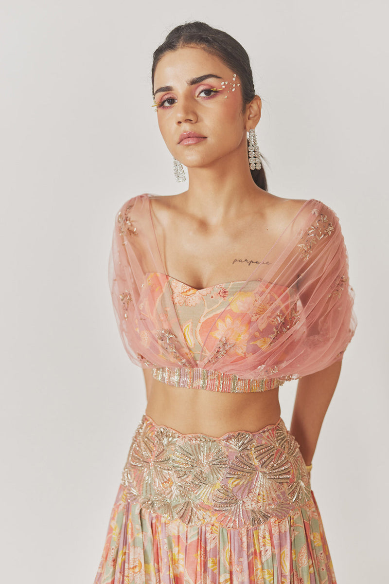 Roushed Net Crop Top, Muslin Silk Gathered Lehenga