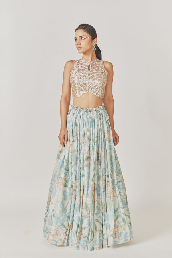 Nakshi + Kardana Embroidery Crop Top Gathered Muslin Silk Skirt