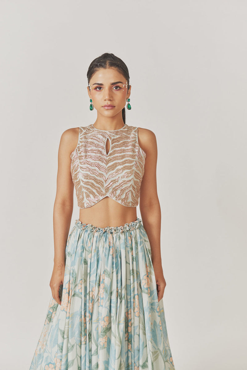 Nakshi + Kardana Embroidery Crop Top Gathered Muslin Silk Skirt