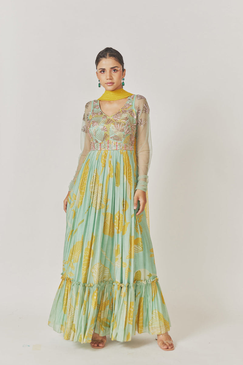 Heavily Hand Embroidered Body With Netted Sleeves And Tiered Flare