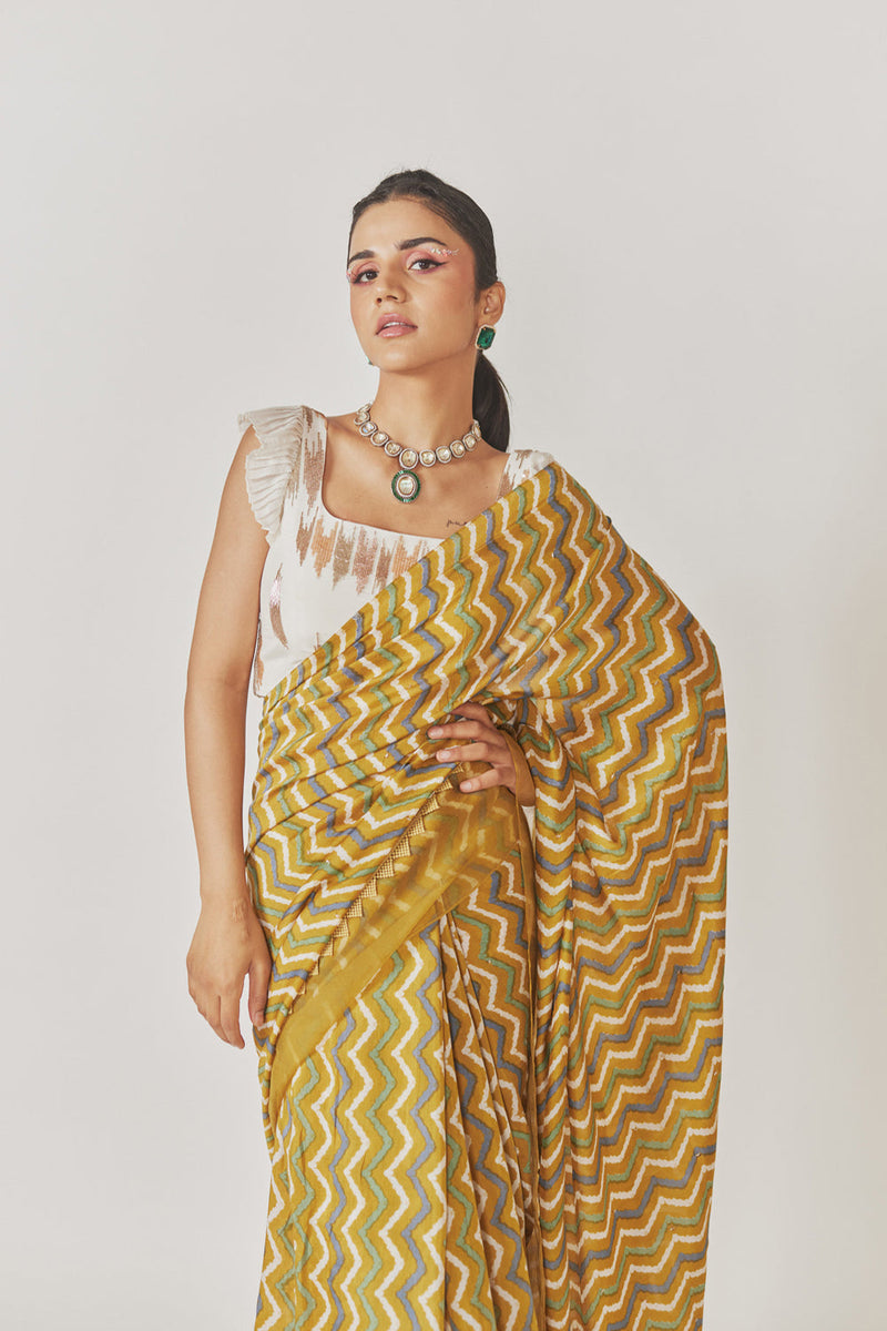 Shevron Printed Saree With Organza Border + White Embroidered Blouse