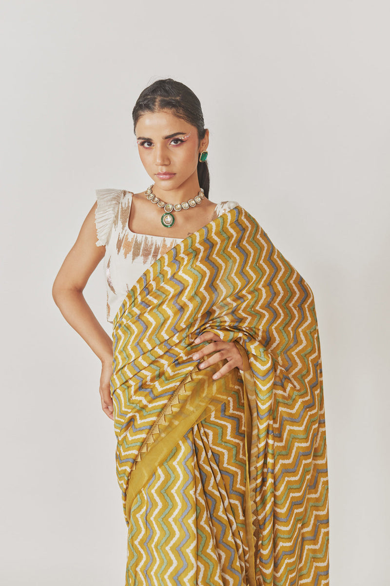 Shevron Printed Saree With Organza Border + White Embroidered Blouse