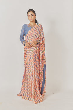 Peach Shevron Saree + Hand Embroidered Gray Full Sleevs Blouse