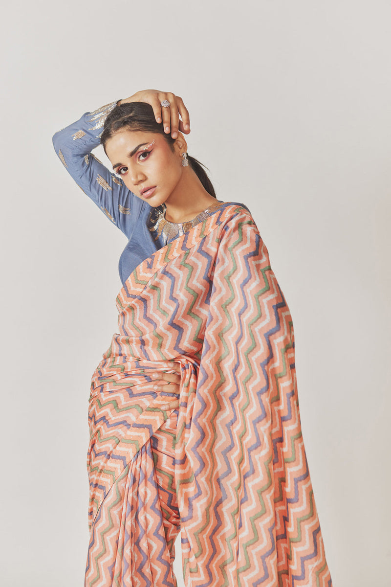 Peach Shevron Saree + Hand Embroidered Gray Full Sleevs Blouse