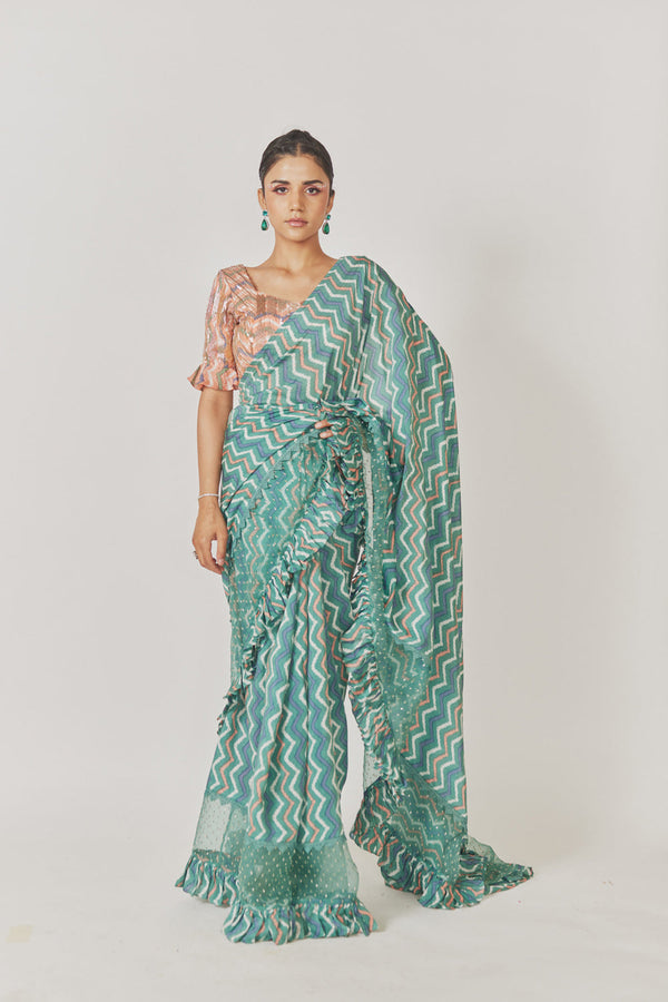 Sea Green Shevron Saree + Peach Shevron Blouse