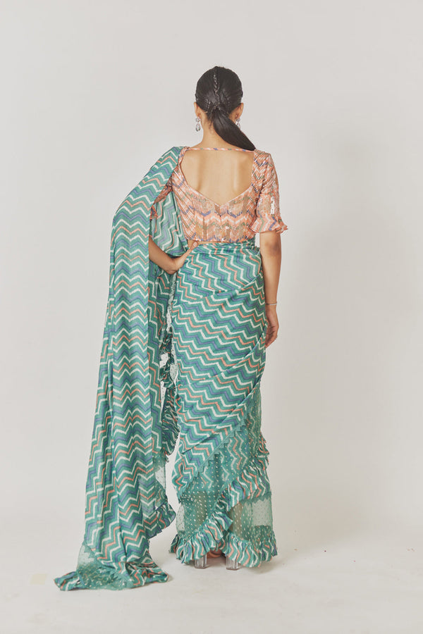 Sea Green Shevron Saree + Peach Shevron Blouse