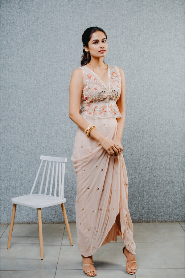 Peach draped skirt with embroidered peplum top