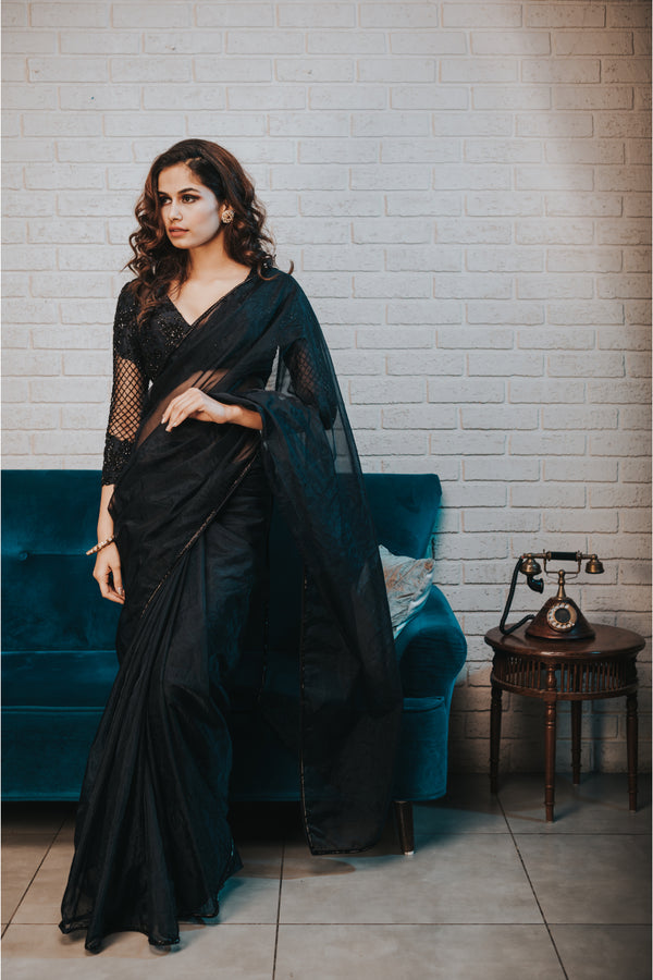 Midnight blue organza saree with embroidered blouse