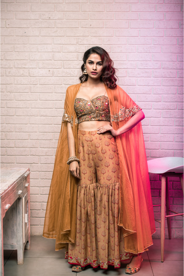 Mustard sharara set with embellished cape